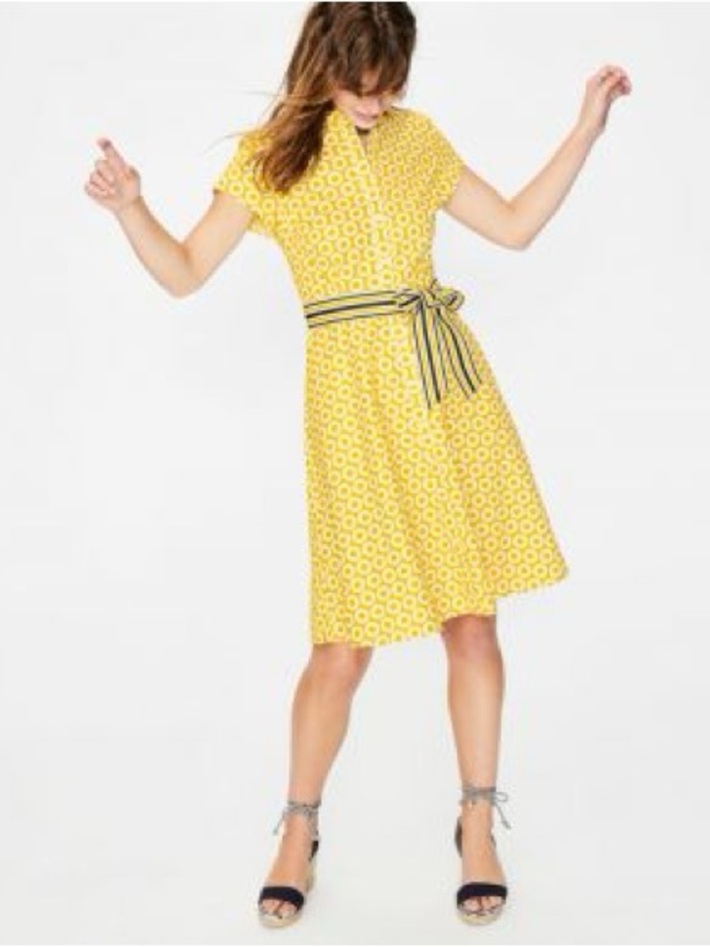 Boden Yellow Floral Shirt Dress with Stripe Tie Belt